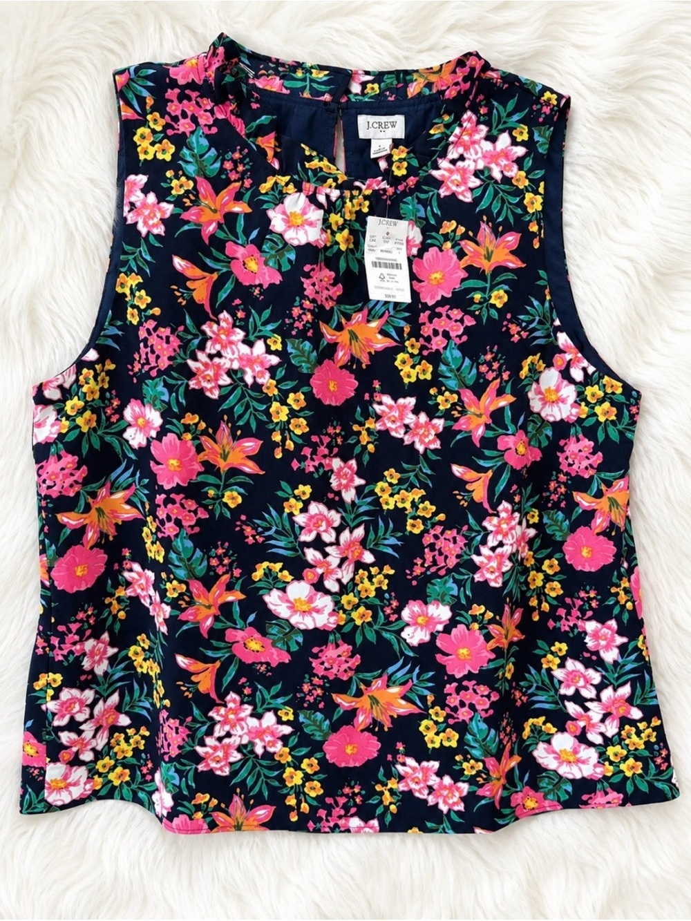 J.Crew NWT Floral Sleeveless Mock Neck Blouse Navy Pink Size Large